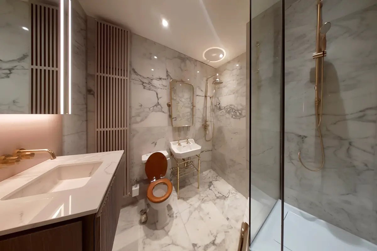 Bathroom design with glass shower in London